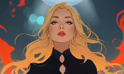 a cartoon picture of a blonde woman with light coming out