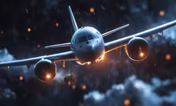 airplane flies over clouds in the night sky