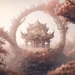 an artistic picture of a gothic building through a tunnel of trees