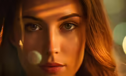 a woman with earrings in front of boke lights
