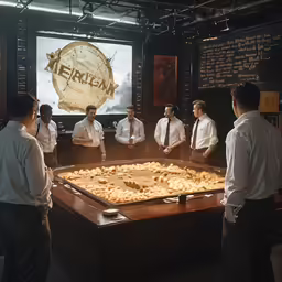 some men looking at a big display in a museum