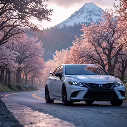 a car drives down a road lined with trees