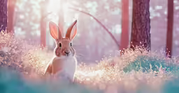 a rabbit sitting in the middle of a forest