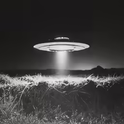 an alien ship flying over some grass and rocks