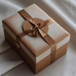 a brown wrapped present sits on top of the blanket