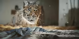 a very cute tiger walking on some sort of blanket