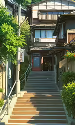 a staircase leads up to an old house