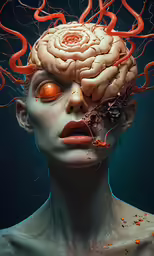 a female model with an intricate brain and body features on it
