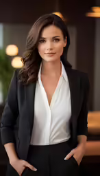 the woman in black and white is wearing a black suit