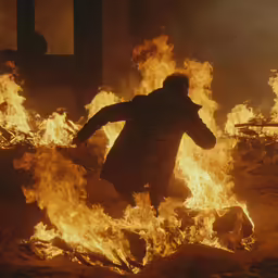 a man in winter clothing running through fire