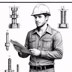 an illustration shows the engineer holding a paper and wearing a hard hat