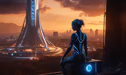 woman in futuristic city looks into the distance,a woman standing on a ledge looking down at the city