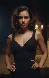the woman is standing alone wearing a black dress