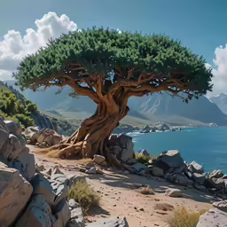 an ocean view with a very large tree in the middle of it
