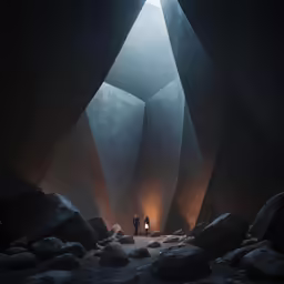 two people standing on the beach inside of a massive dark cave