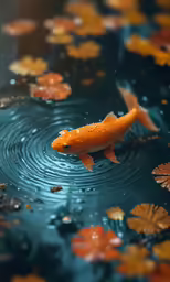 a gold fish swimming in a pond with leaves