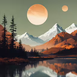 a scenic image of mountains with trees and water,there are a bunch of mountains that are painted in the same color