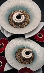 three plates with two designs and flowers on them