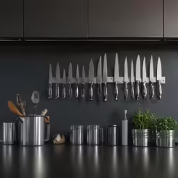 the kitchen counter is covered with knives and pots