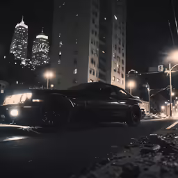 a parked car with some lights and a big city in the background