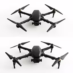 two different images of a black flying camera drone
