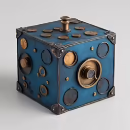 the small box is made from blue leather and brass accents