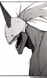 the head and neck of a monster with horns on it