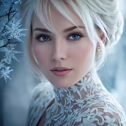 a woman posing for a picture with snow flakes