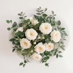 white roses on a plate with green leaves