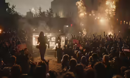 a group of people holding up signs at night