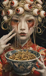 a woman is eating noodles from her bowl