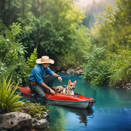 a man sitting next to a dog on a boat,man with a dog on the side of a canoe