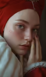a young woman in red clothes and a white dress