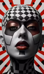 a woman is decorated in white, black and red