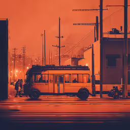 a bus sits parked in front of the industrial building,an orange lit bus driving down the road