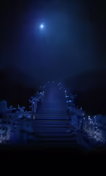 a night sky with stars and the moon above an old set of stairs