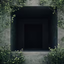 an empty room with greenery on the walls