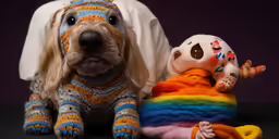 a dog with a stuffed animal behind it
