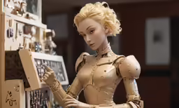 a toy woman is working on her phone