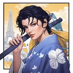 an anime image of a woman in a kimono with a sword