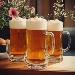 three mugs of ice and brown beer with flowers in the background