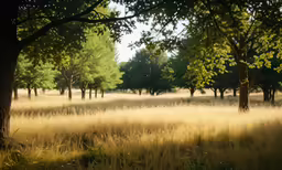 a field with trees and grass under a bright sky