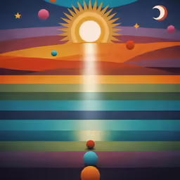 a painting with a rainbow, sun and a planet in the center