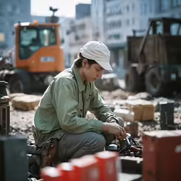 a woman in a work area working with equipment