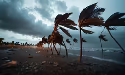 palm trees blowing in the wind at sunset