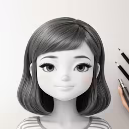 the doll has a white background and is next to two pencils on it