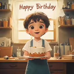 a smiling little kid holding a birthday cake