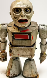 a close up of a robot made of metal