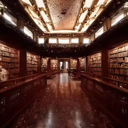 a large long wooden table filled with books