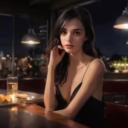 a beautiful young woman sitting in a restaurant next to a cup